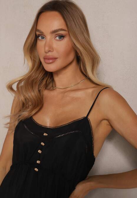 Czarna Rozkloszowana Sukienka na Cienkich Ramiączkach z Wiskozy i Bawełny Mimilia