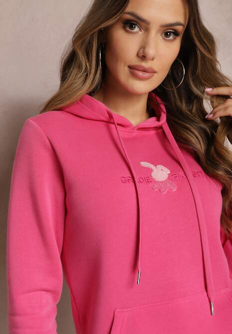 Różowa Ocieplona Bluza z Kapturem Ozdobiona Naszywką i Napisem Eirellia