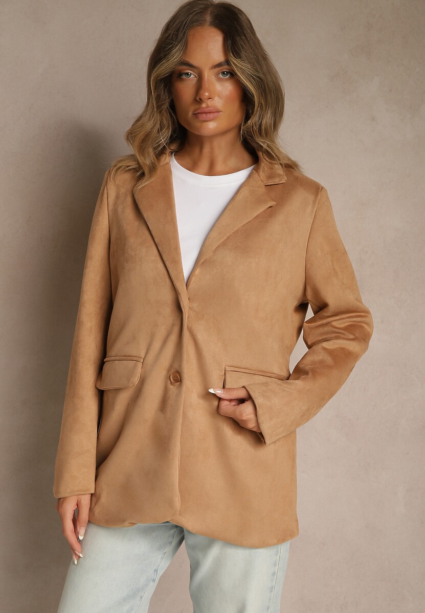 Beżowa Oversizowa Marynarka Pudełkowa z Imitacji Zamszu Alenella