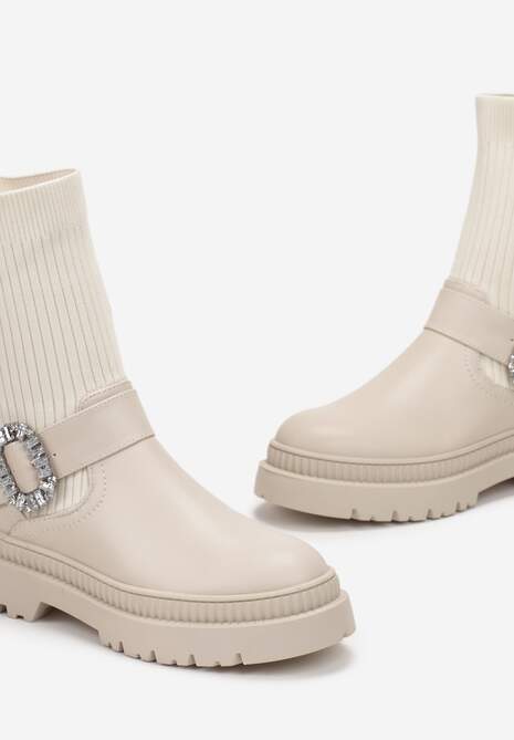 Beżowe Botki Workery z Dzianinową Elastyczną Cholewką i Biżuteryjną Klamrą Nalipno