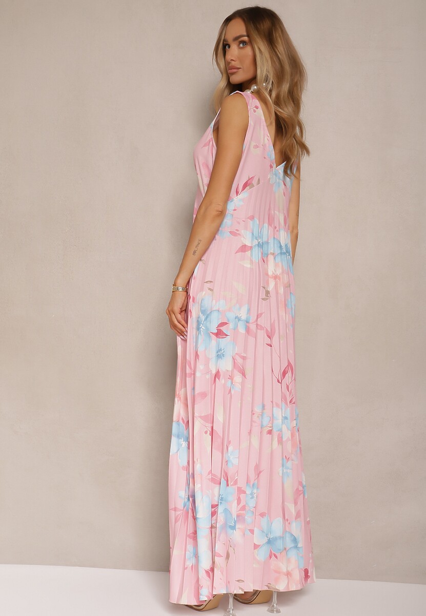 Różowa Plisowana Sukienka o Rozkloszowanym Fasonie na Szerokich Ramiączkach Nitanela