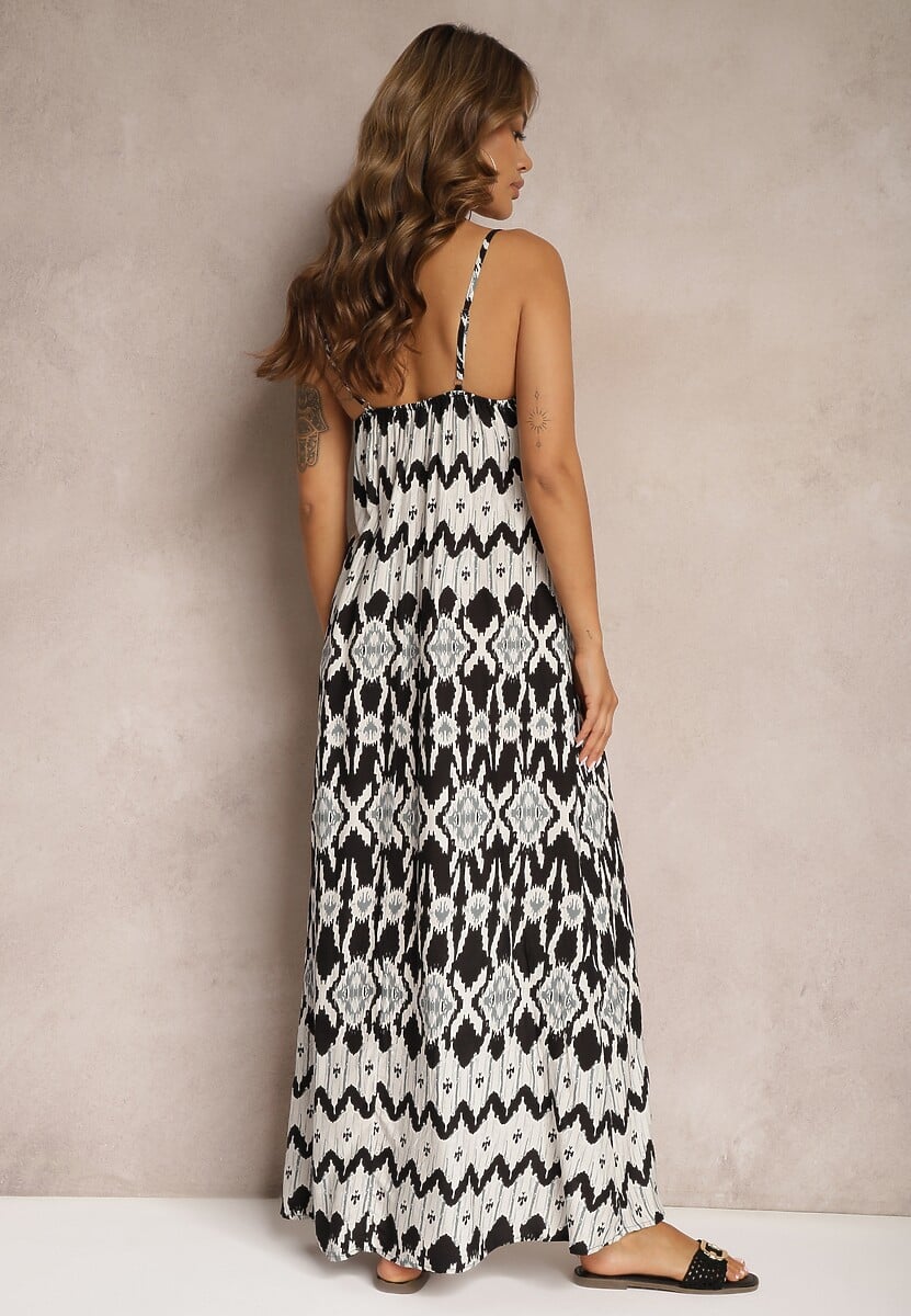 Czarno-Biała Sukienka z Wiskozy na Ramiączkach o Rozkloszowanym Kroju i Geometrycznym Wzorze Xervidia