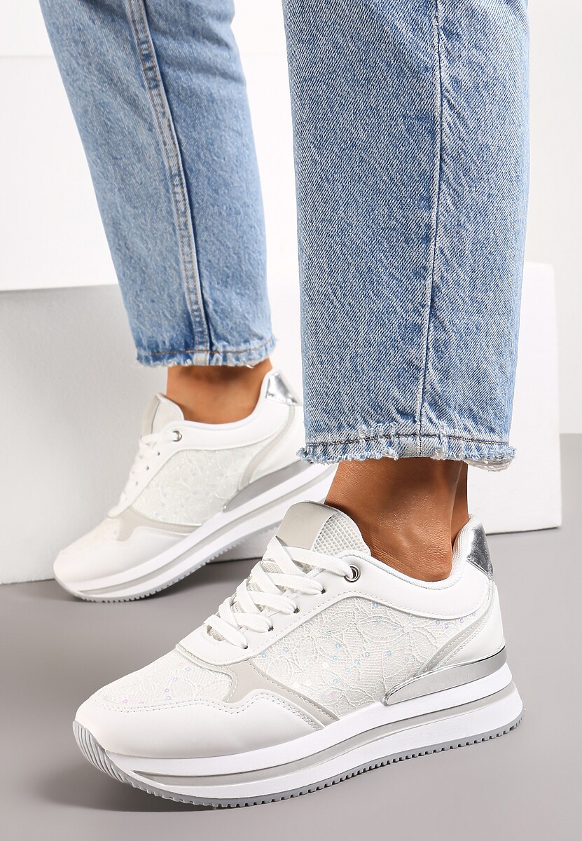 Białe Sneakersy na Grubej Podeszwie z Brokatem i Metaliczną Wstawką Velari