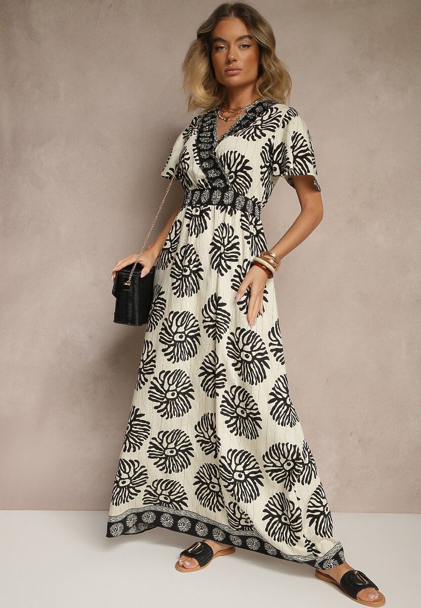 Beżowo-Czarna Sukienka w Print Boho z Wiskozy Rozkloszowana z Dekoltem V Palarina
