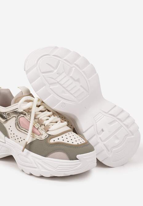 Beżowo-Zielone Sneakersy Streetwearowe na Grubej Podeszwie Waniffia