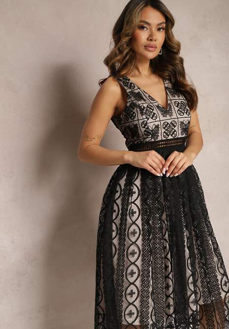 Czarna Plisowana Sukienka na Ramiączkach z Ozdobnym Wzorem i Suwakiem Mirilla