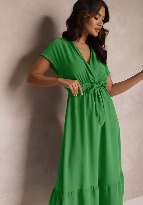 Zielona Kopertowa Sukienka z Gumką w Talii i Wiązaniem Mylelse