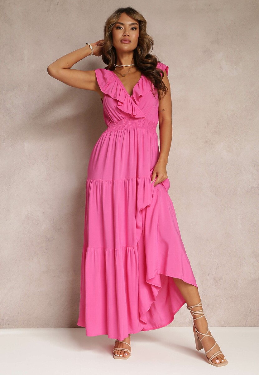 Fuksjowa Rozkloszowana Sukienka Maxi z Gumką w Talii i Falbanką Laylani
