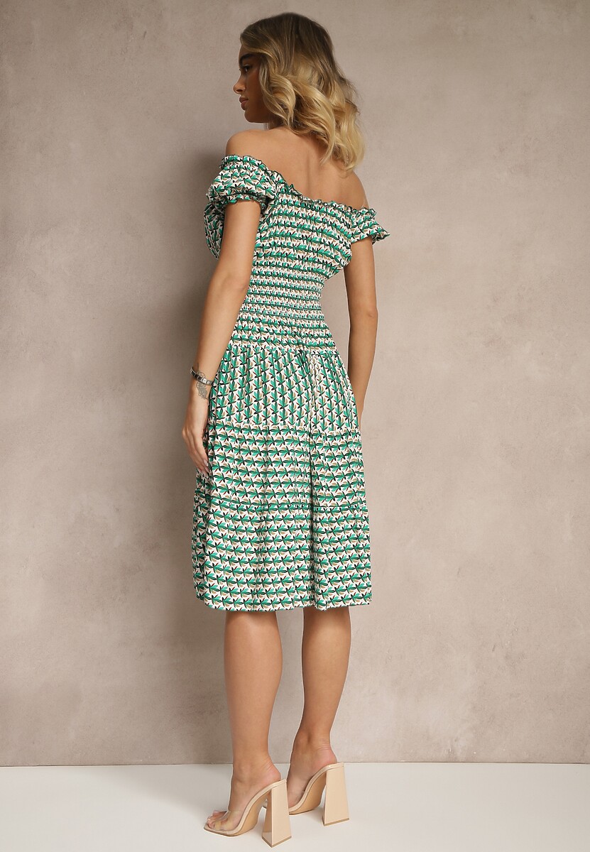 Zielona Bawełniana Sukienka z Bufiastymi Rękawami i Guzikami Ronimera