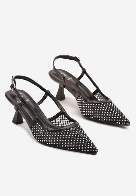 Czarne Sandały na Kaczuszce Slingback z Siateczkową Cholewką i Cyrkoniami Velionna