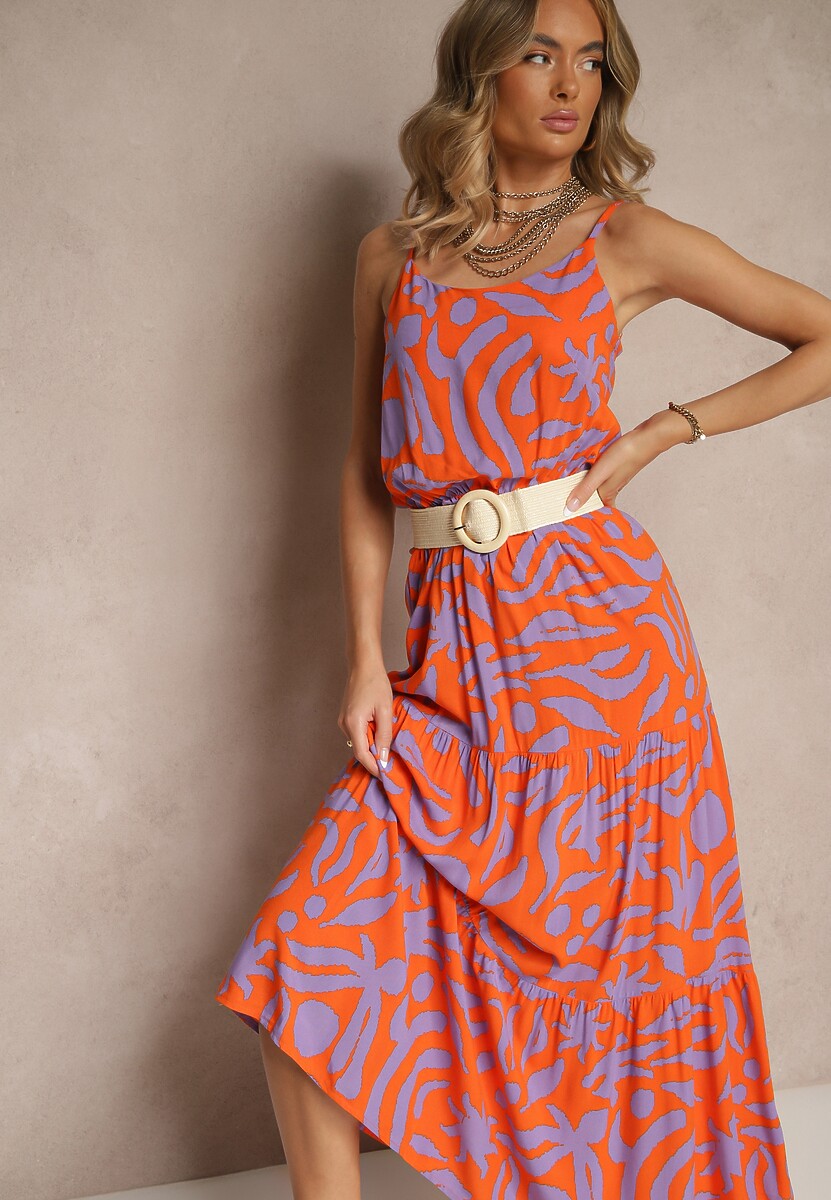 Pomarańczowo-Fioletowa Rozkloszowana Sukienka z Wiskozy na Ramiączkach Flesira