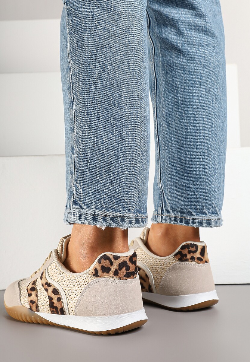 Ciemnobeżowe Panterkowe Sneakersy z Geometrycznym Motywem i Plecionką Laniffia