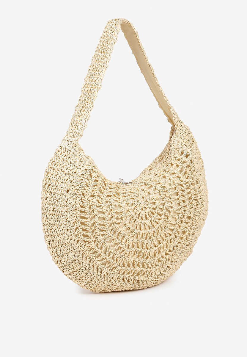 Beżowa Pleciona Torebka na Ramię o Półokrągłym Kształcie Genvia