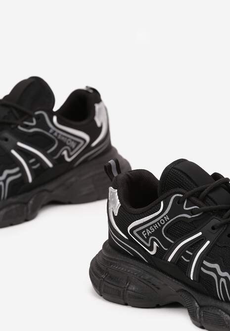 Czarne Sznurowane Buty Sportowe na Płaskiej Podeszwie z Siateczką i Ozdobnymi Wstawkami Bellaraz