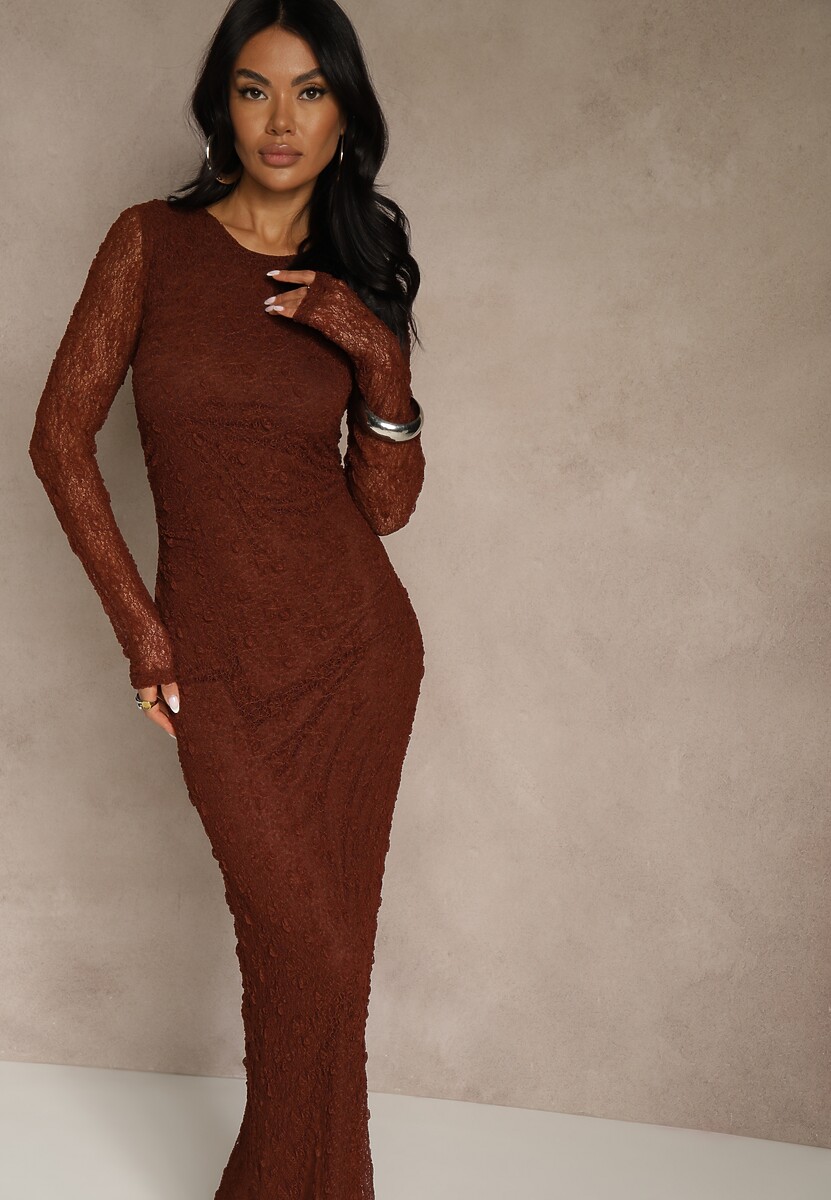 Bordowa Koronkowa Sukienka Typu Longsleeve o Dopasowanym Kroju Zenoresa