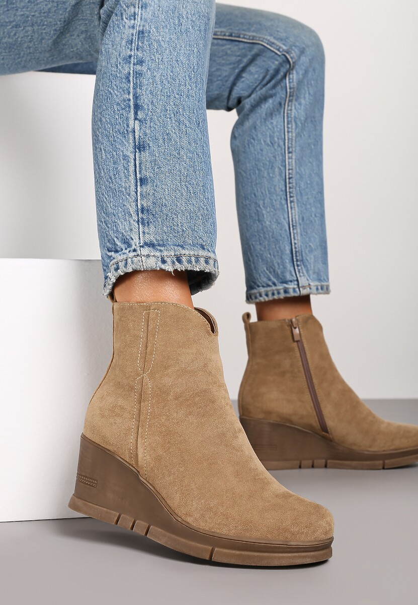 Ciemnobeżowe Casualowe Botki na Koturnie z Ociepleniem Etteora