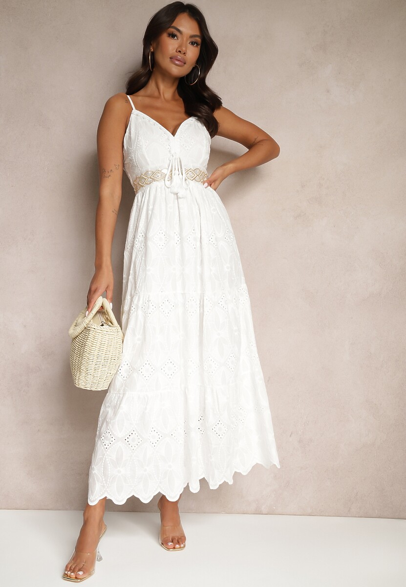 Biała Haftowana Sukienka z Bawełny na Ramiączkach w Stylu Boho Cyravia