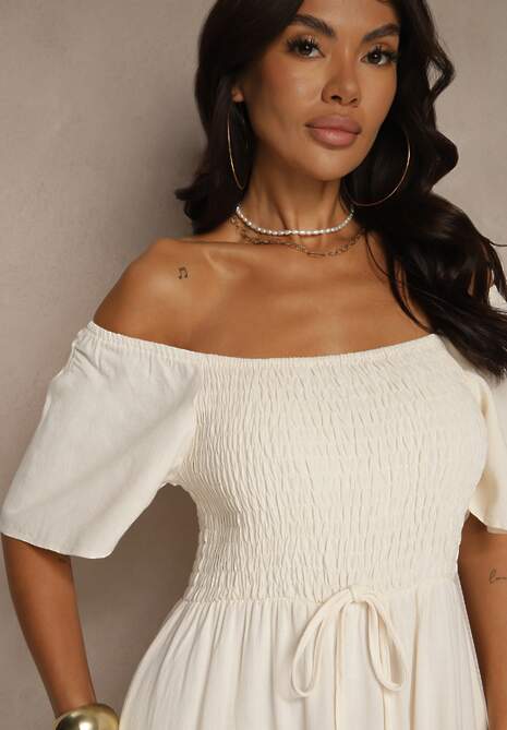 Jasnobeżowa Wiskozowa Sukienka z Lnem o Rozkloszowanym Kroju Koloreia