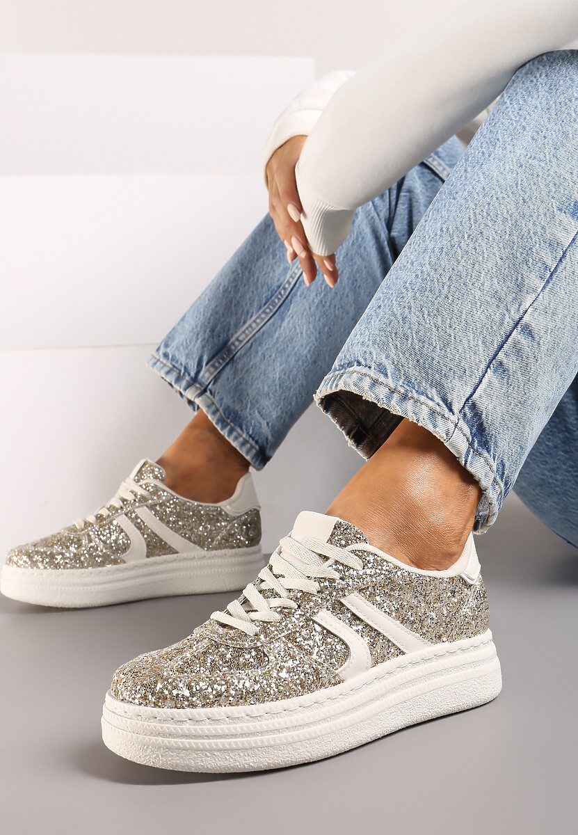 Złote Brokatowe Sneakersy na Niskiej Platformie Nevilinna