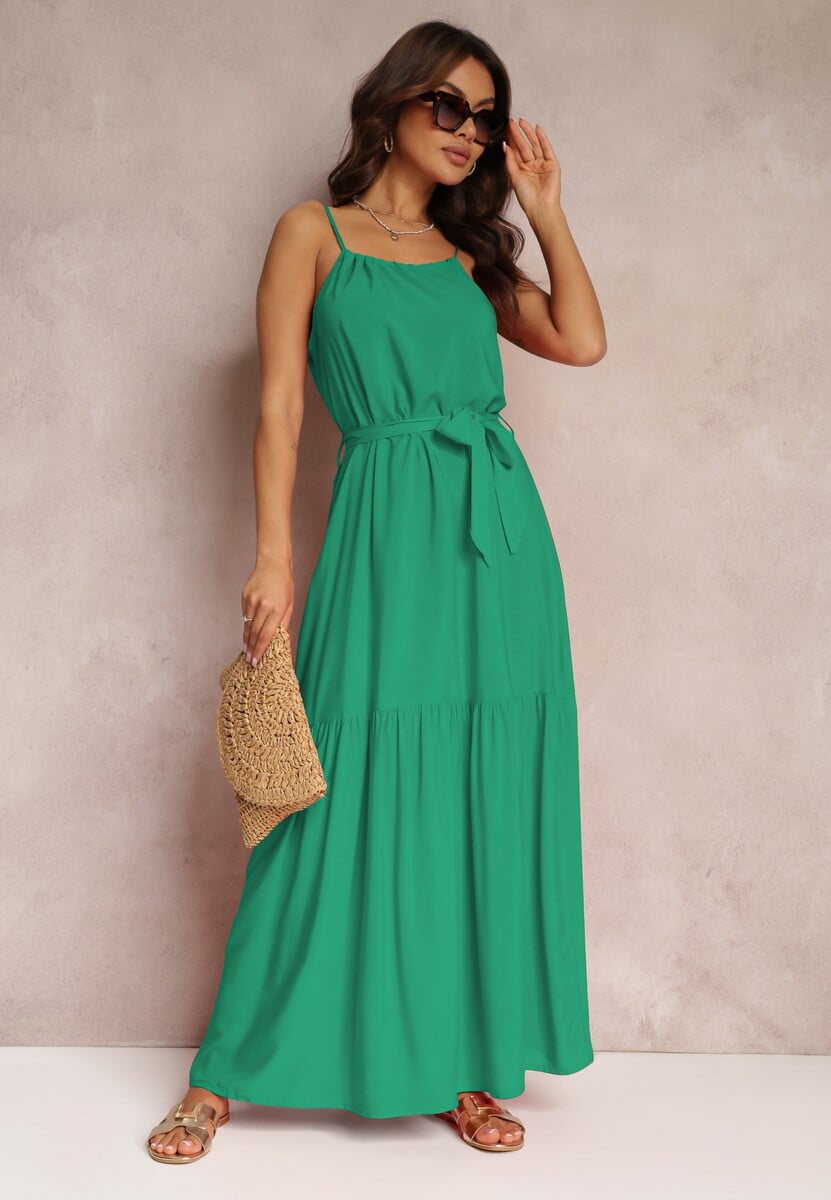 Zielona Rozkloszowana Sukienka na Ramiączkach z Wiązanym Paskiem Diadite