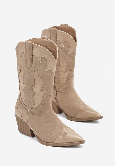 Ciemnobeżowe Kozaki Kowbojki na Stożku z Tłoczoną Cholewką Avrenne