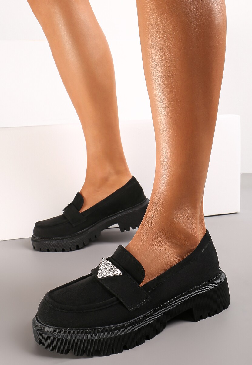 Czarne Mokasyny na Grubej Podeszwie Ozdobione Cyrkoniami Movail