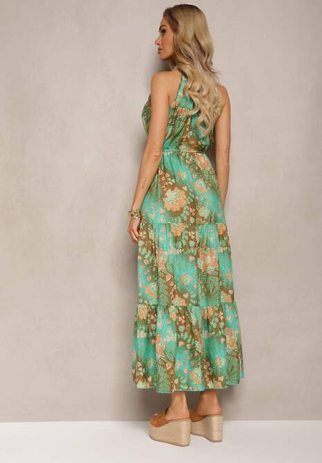 Zielona Sukienka w Stylu Boho z Gumką w Talii i Ozdobnym Wiązaniem Piofara