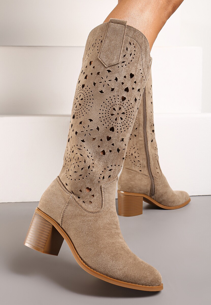 Ciemnobeżowe Ażurowe Kozaki w Stylu Boho na Słupku z Wkładką z Naturalnej Skóry Idracasa