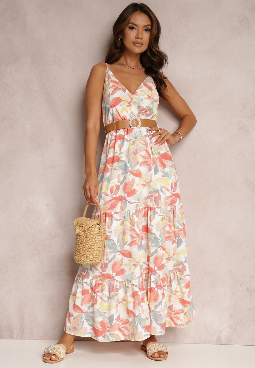 Biało-Zielona Sukienka z Paskiem Nevin