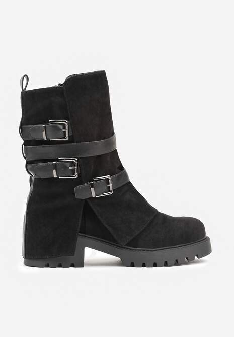 Czarne Botki Bikery Ozdobione Klamrami i Wywiniętą Cholewką Seride