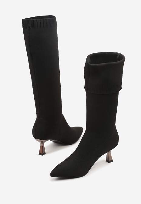 Czarne Kozaki Vices na Kaczuszce Ozdobione Skarpetową Cholewką Asonelle