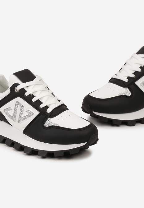 Czarne Sneakersy z Szerokim Protektorem i Brokatową Naszywką Afradia