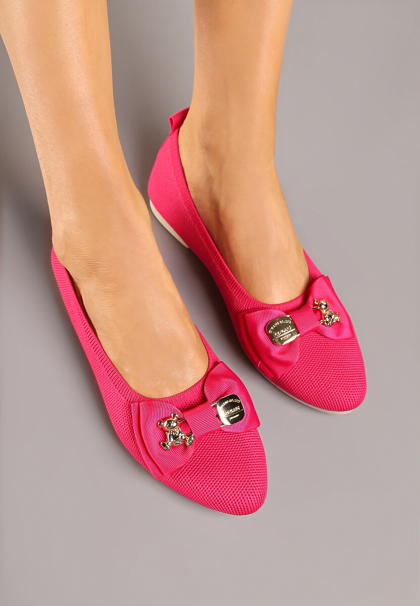 Ciemnoróżowe Balerinki Ozdobione Metalicznymi Aplikacjami i Kokardą Bretella