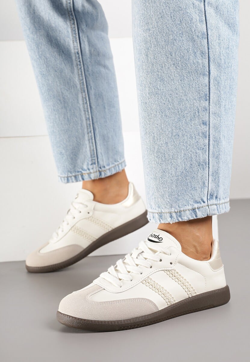 Beżowe Sneakersy w Stylu Tenisówek z Geometrycznym Motywem Halonelle