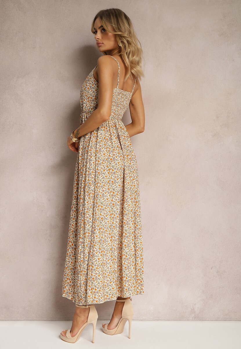 Jasnobeżowa Sukienka na Ramiączkach z Kopertowym Dekoltem z Plisowaniem i Letnim Wzorem Rysenna