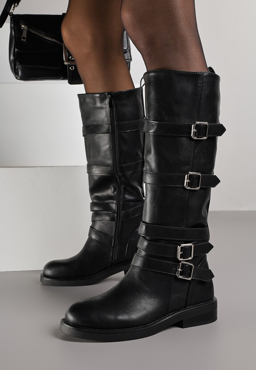 Czarne Kozaki Typu Bikery z Kwadratowymi Klamrami i Paskami Linadra