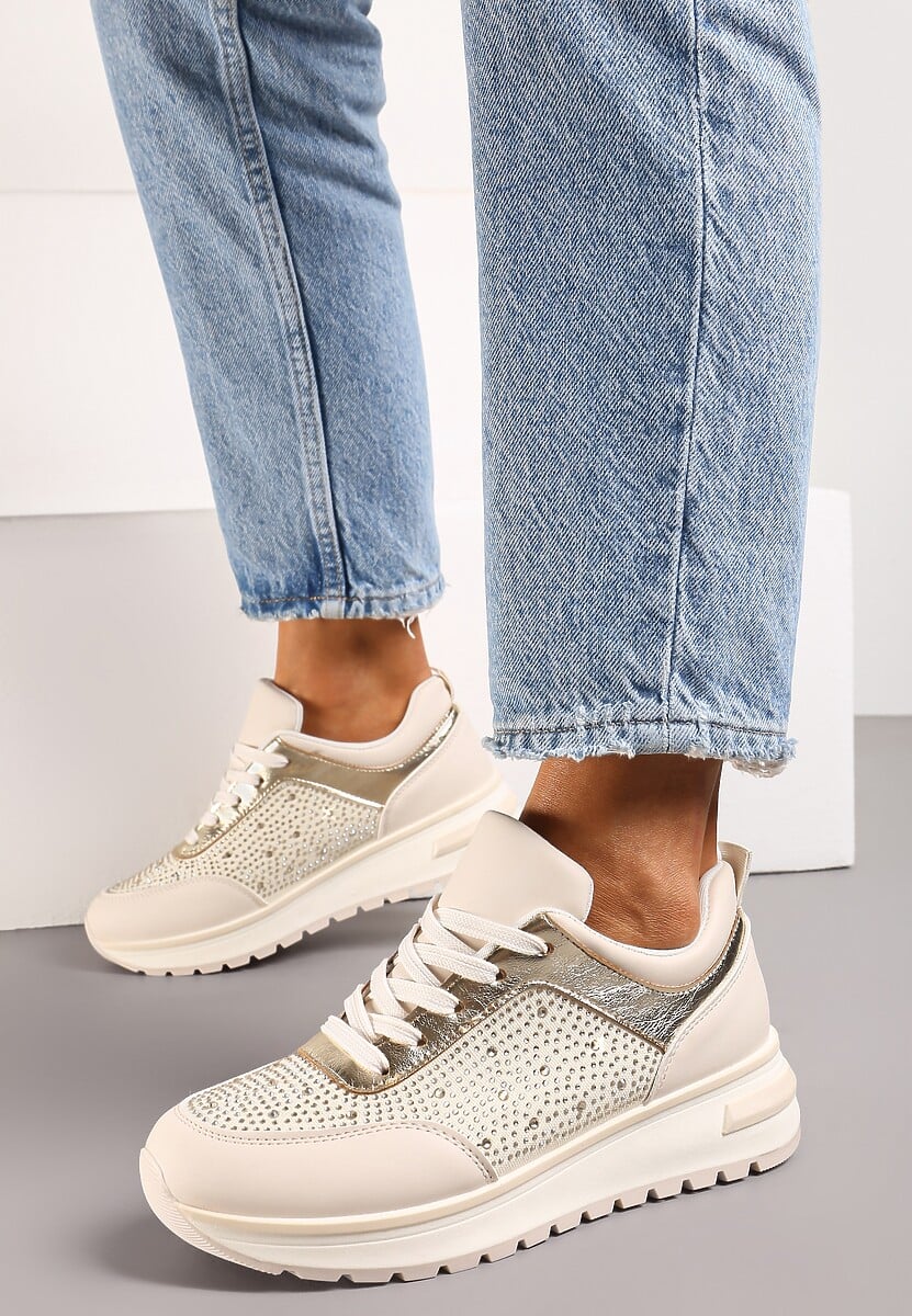 Beżowe Sznurowane Sneakersy z Ekoskóry z Cyrkoniami na Grubej Podeszwie Arpite