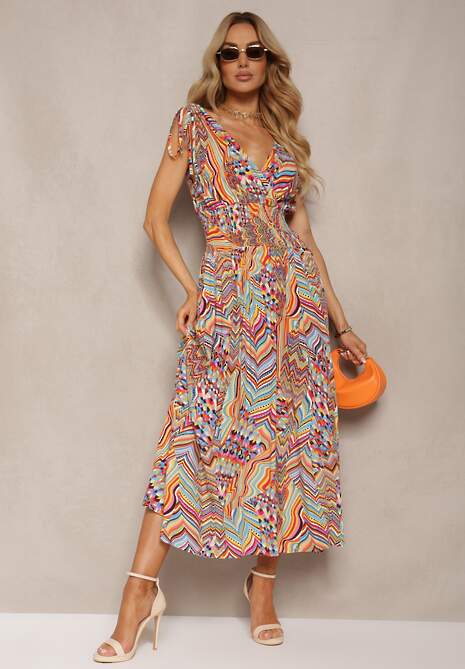 Żółto-Niebieska Boho Sukienka o Rozkloszowanym Kroju z Dekoltem w Serek i Gumką w Pasie Heteri