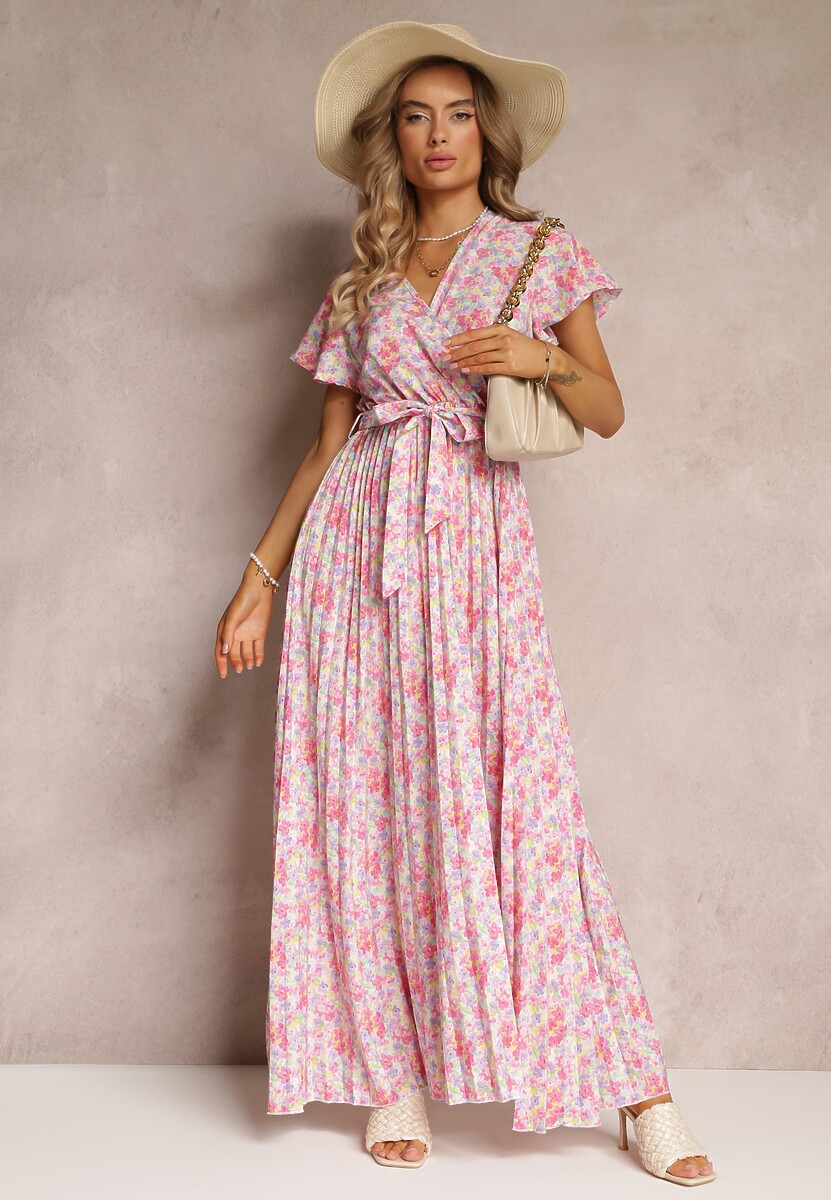 Jasnoróżowa Plisowana Sukienka Maxi w Kwiatki z Gumką w Talii Ikama