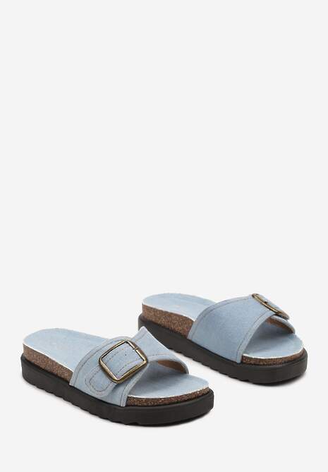 Niebieskie Jeansowe Klapki na Płaskiej Podeszwie z Szerokim Paskiem i Klamrą Humolia
