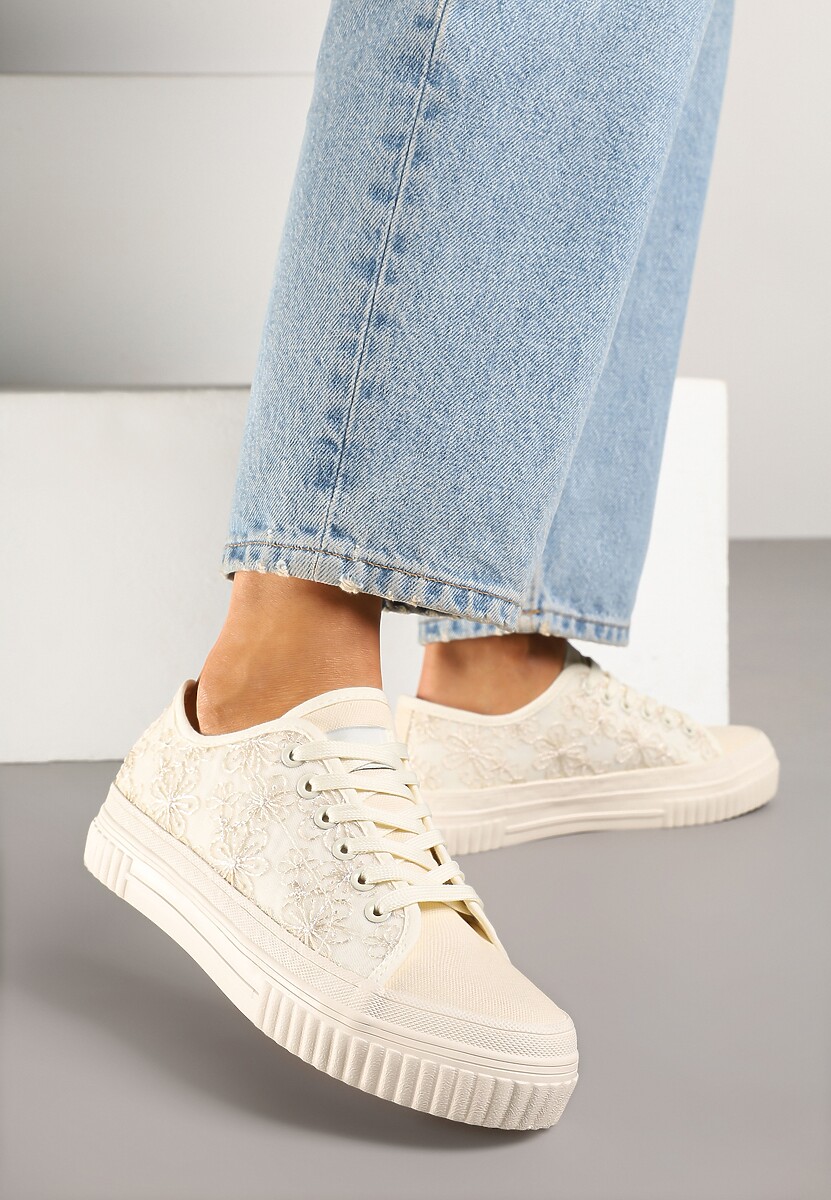 Beżowe Klasyczne Trampki z Cholewką z Haftem Meppane