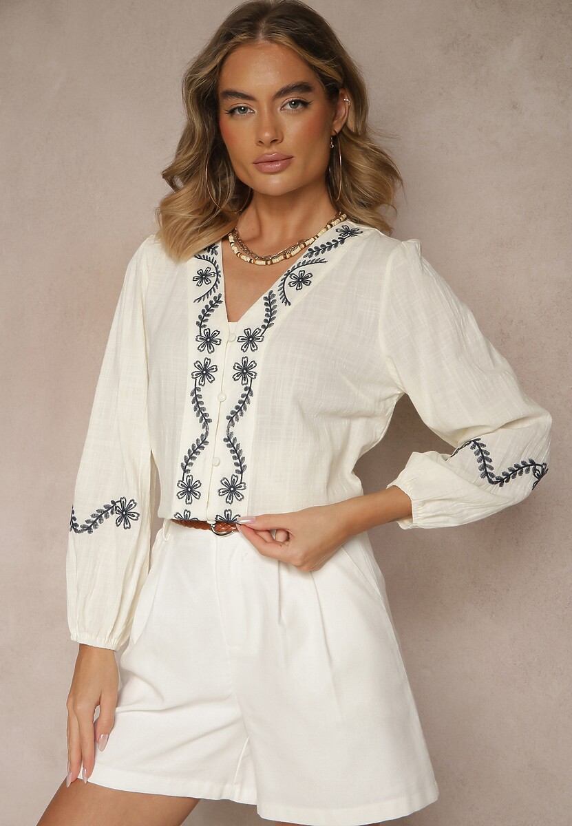 Granatowa Koszula z Wiskozą z Dekoltem V Zdobiona Haftem z Motywem Kwiatowym Gonarrae