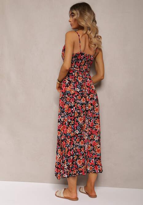 Czarno-Pomarańczowa Kopertowa Sukienka z Bawełny w Kwiaty na Ramiączkach Rissanda