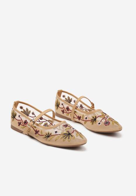 Beżowe Siateczkowe Balerinki z Florystycznym Haftem i Paskiem na Sprzączkę Danirna