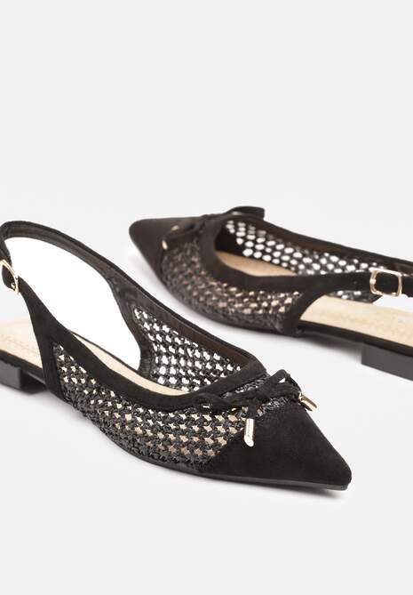 Czarne Sandały Balerinki z Plecionki ze Szpiczastym Noskiem i Kokardką Leawenne