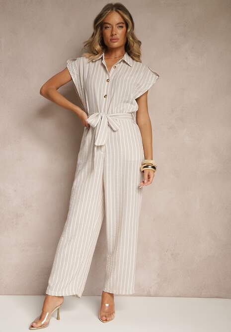 Beżowy Koszulowy Kombinezon z Bawełny z Wiązanym Paskiem Amevilia