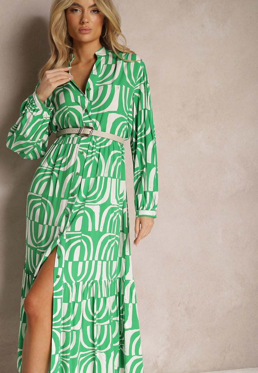 Granatowa Długa Sukienka Rozkloszowana w Geometryczne Wzory z Kołnierzykiem Skulle