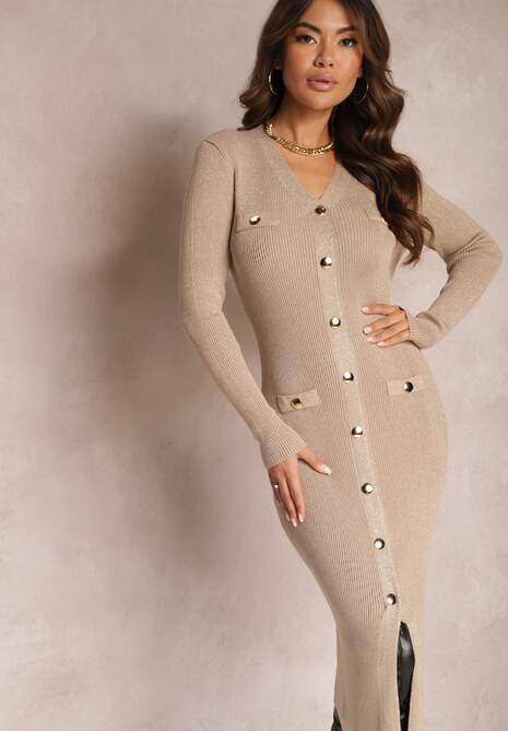 Beżowa Sweterkowa Sukienka Midi z Metaliczną Nitką i Guzikami Heliosa