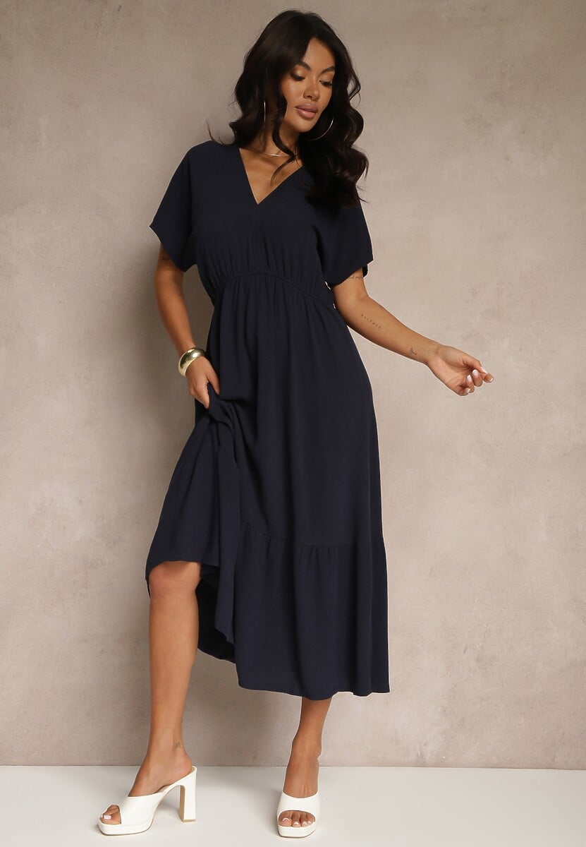 Granatowa Sukienka z Wiskozą i Lnem z Wiązaniem z Tyłu Kolissea