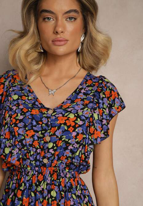 Granatowa Sukienka Bawełniana o Rozkloszowanym Kroju w Kwiaty z Falbankami Virlio